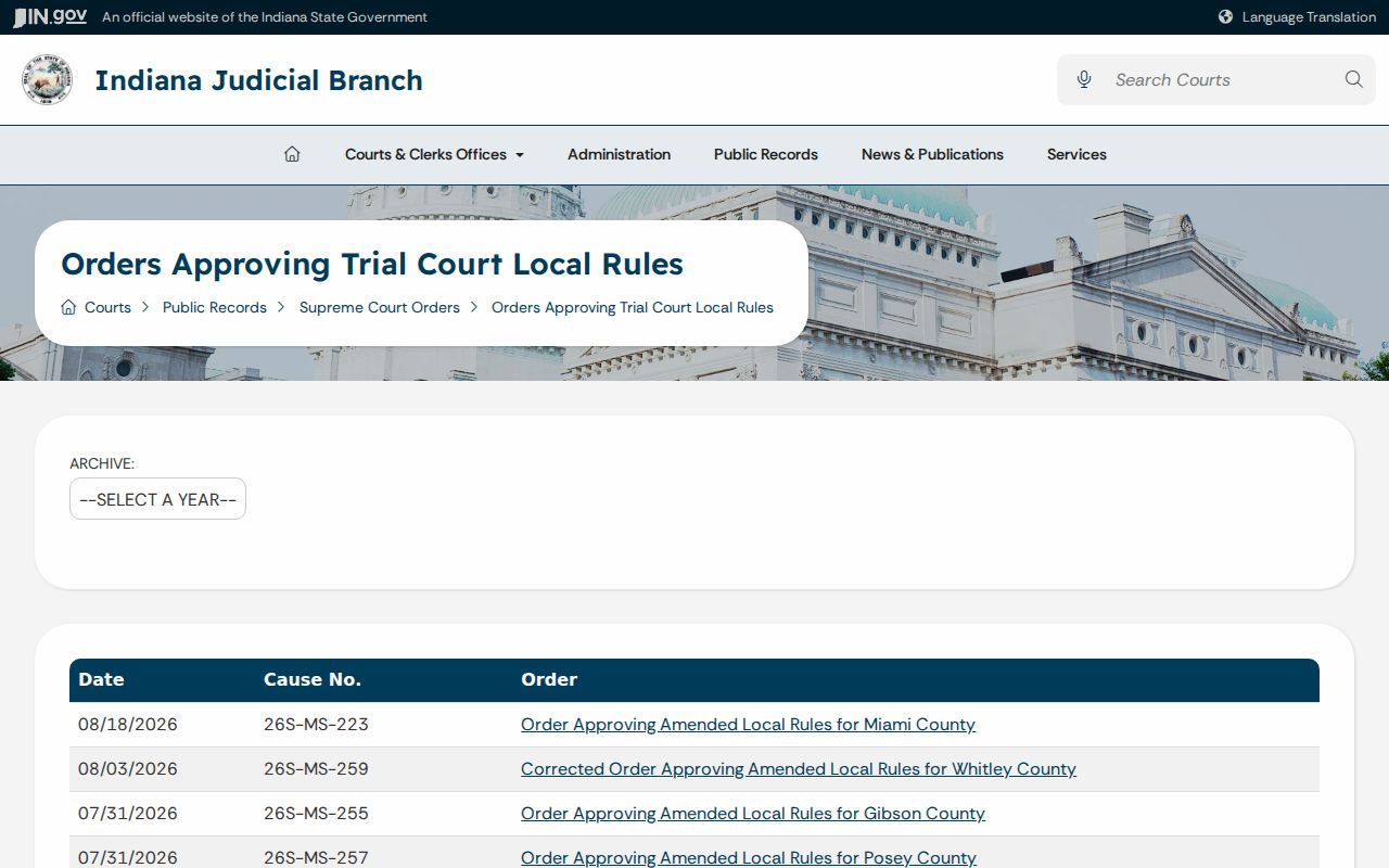 Indiana local rule orders page supporting Gibson County court allocation searches