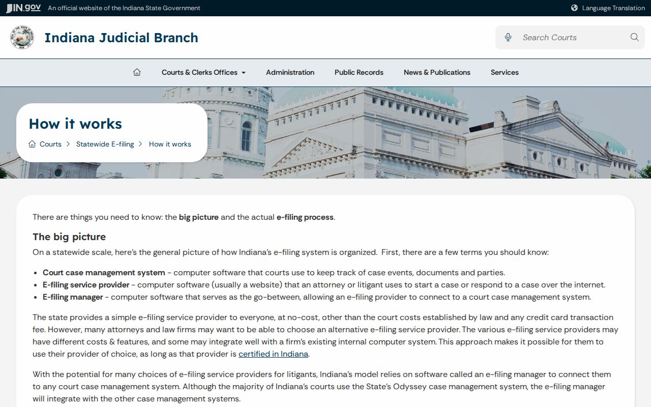 Indiana e-filing workflow relevant to filings from Fort Branch residents