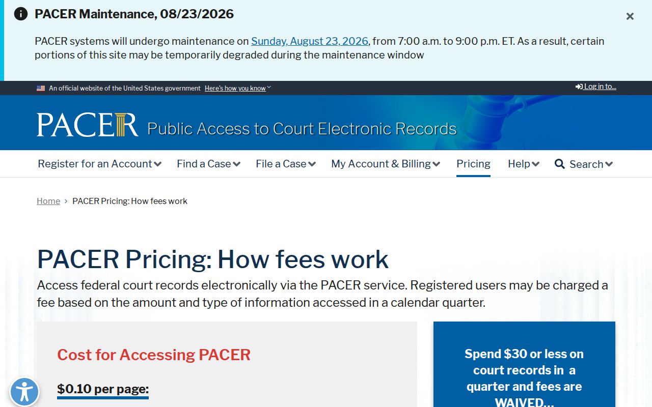 Haubstadt court docket federal PACER pricing source